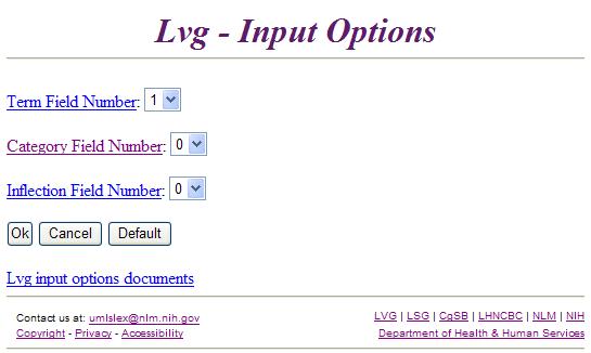 Lexical Web Tools - Lvg Input Options