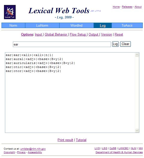 Lexical Web Tools - Lvg Results